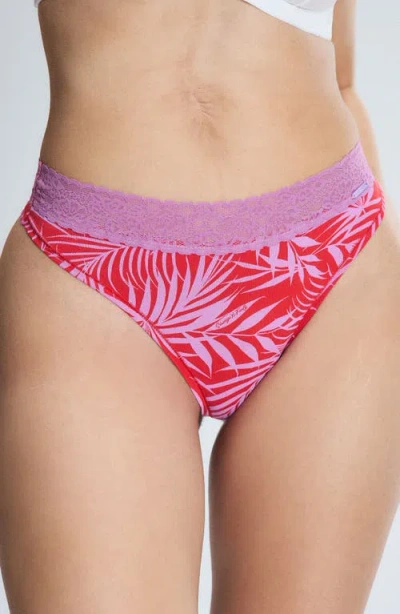 Savage X Fenty Essentials Lace Trim Stretch Cotton Thong In Affection Red Keep Palm Print