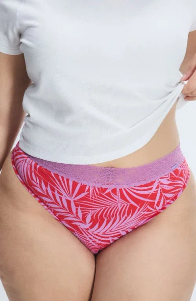 Savage X Fenty Essentials Lace Trim Stretch Cotton Thong In Affection Red Keep Palm Print