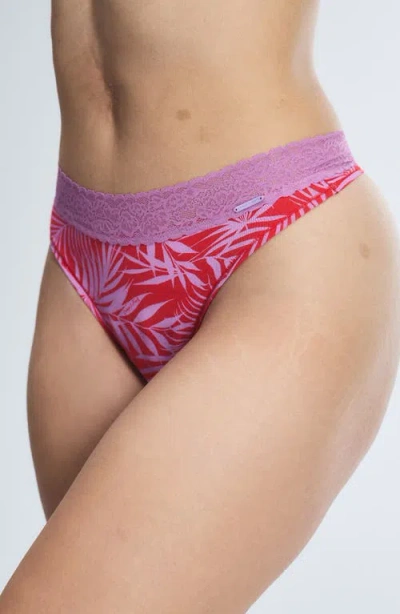 Savage X Fenty Essentials Lace Trim Stretch Cotton Thong In Affection Red Keep Palm Print