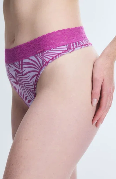 Savage X Fenty Essentials Lace Trim Stretch Cotton Thong In Purple Opal Keep Palm Print