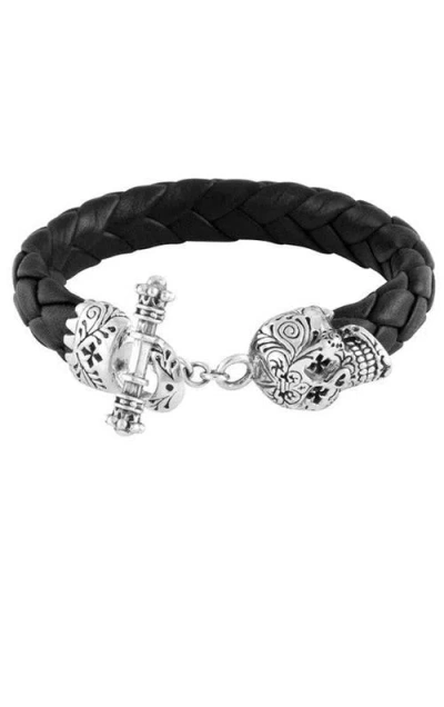 King Baby Studio Leather Braid Bracelet With Day Of The Dead Skull In Silver