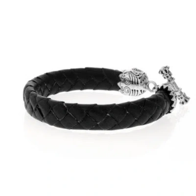 King Baby Studio Leather Braid Bracelet With Day Of The Dead Skull In Silver