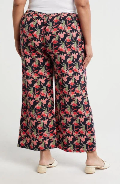 Caslon ® Pull-on Crop Wide Leg Linen Blend Pants In Navy-coral Small Autumn Floral