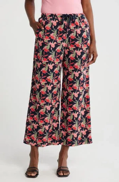 Caslon ® Pull-on Crop Wide Leg Linen Blend Pants In Navy-coral Small Autumn Floral