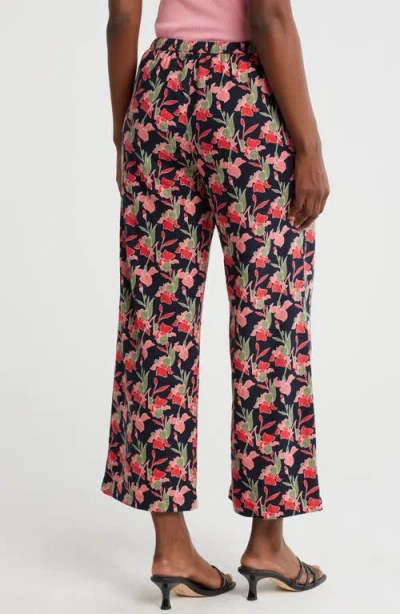 Caslon ® Pull-on Crop Wide Leg Linen Blend Pants In Navy-coral Small Autumn Floral