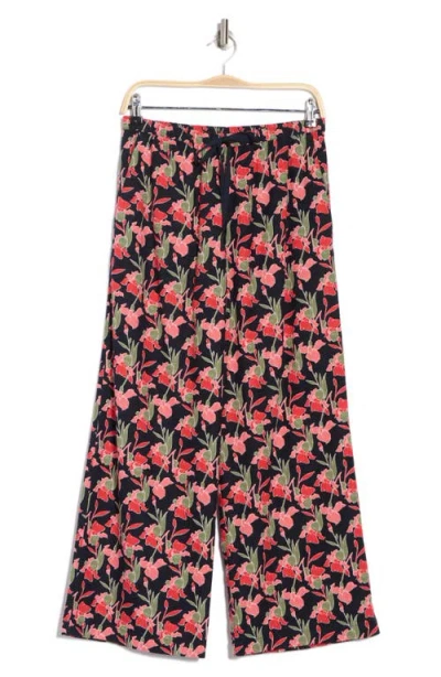 Caslon ® Pull-on Crop Wide Leg Linen Blend Pants In Navy-coral Small Autumn Floral