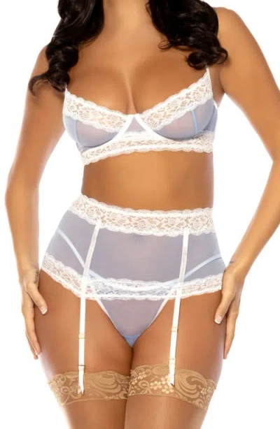 Oh La La Cheri Morgan Lace Trim Underwire Bra, Garter Belt & G-string Set In Blue
