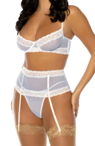 Oh La La Cheri Morgan Lace Trim Underwire Bra, Garter Belt & G-string Set In Blue