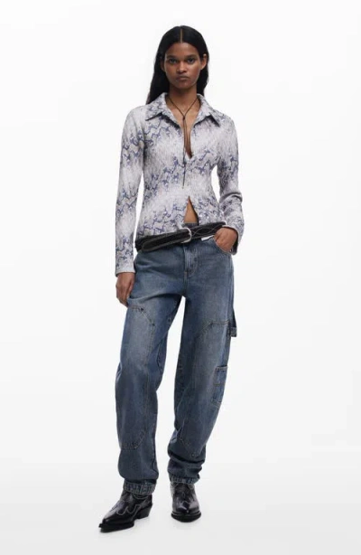 Desigual Textured Snakeskin Print Button-up Shirt In Blue