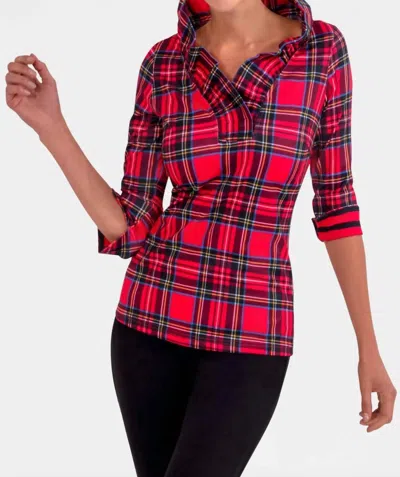 Gretchen Scott Stand Up Ruffle Neck Top In Red Plaid In Multi