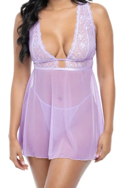 Oh La La Cheri Stassi Lace & Mesh Babydoll Chemise & G-string Set In Lavendula