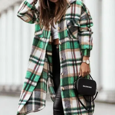 Chicme Green Plaid Printdrop Shoulder Button Down Longline Shacket Jacket In Multicolor In Multi