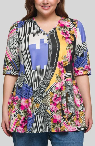 24seven Comfort Apparel Plus Size Print Elbow Sleeve V-neck Henley Tunic Top In Blue Multi