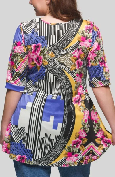 24seven Comfort Apparel Plus Size Print Elbow Sleeve V-neck Henley Tunic Top In Blue Multi