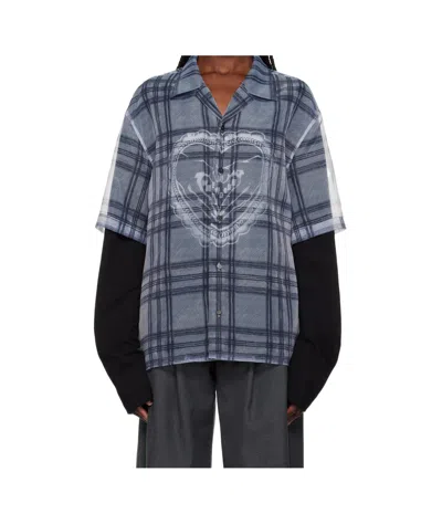We11 Done Gray Heart Layered Check Pattern Shirt In Grey