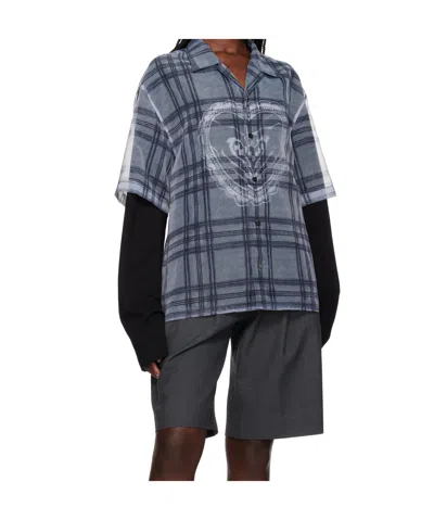We11 Done Gray Heart Layered Check Pattern Shirt In Grey