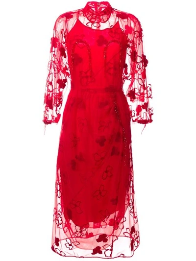Simone Rocha Spooky Flower-embroidered Long-sleeved Dress In Red