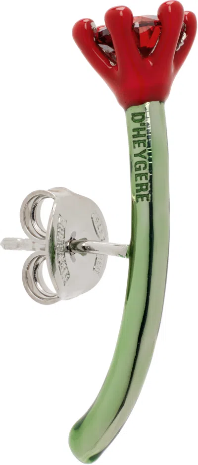 D'heygere Green & Red Solitaire Rose Loop Single Earring In Silver/red/ Green