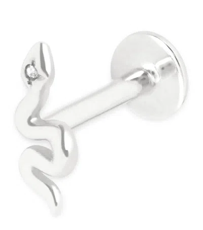 Astrid & Miyu White Gold And White Topaz Single Snake Stud Earring In Silver