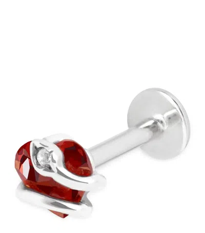 Astrid & Miyu White Gold And Garnet Snake Stud Earring In Silver