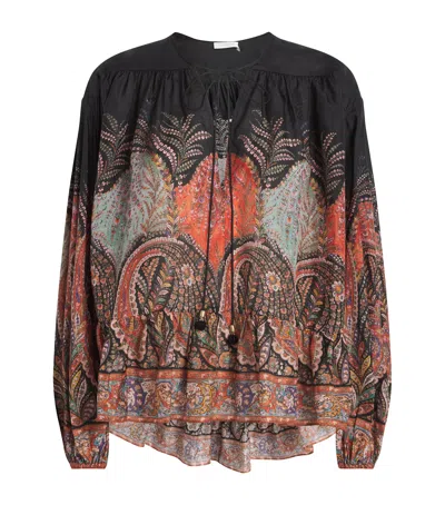 Zimmermann Rhiannon Ruffle Billow Silk Blouse In Black Paisley  In Black