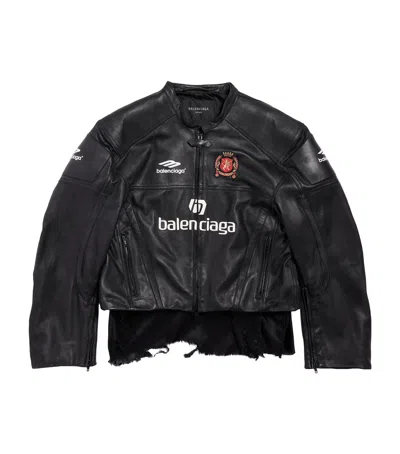 Balenciaga Leather Distressed Racer Jacket In Black