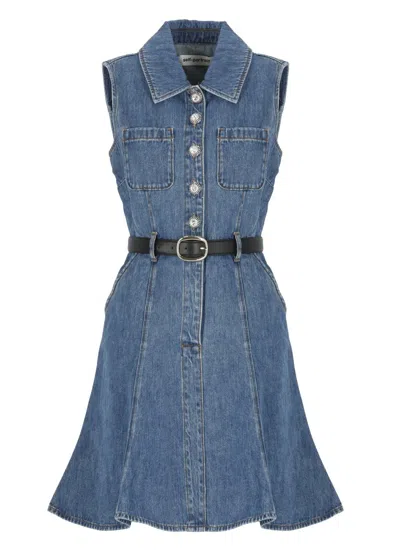 Self-portrait Dress Featuring Belted Waist And Front Pockets In Blue