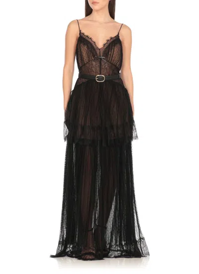 Self-portrait Sheer Tiered Lace-trimmed Maxi Dress In Black