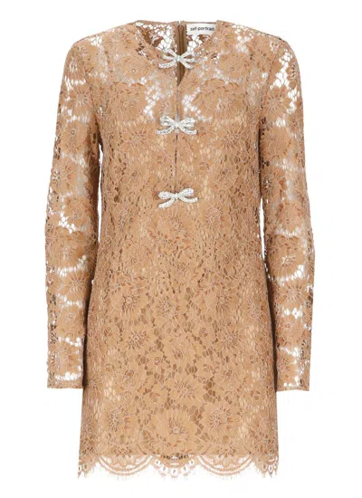 Self-portrait Womens Tan Lace Bow-embellished Woven Mini Dress In Brown