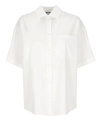 Msgm Cotton Shirt With Short Sleeves And Back Slit In White