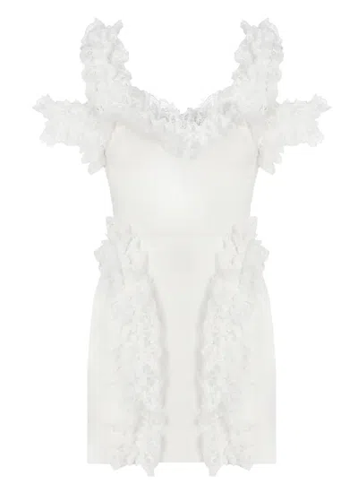 Self-portrait Knit Ruffle Mini Dress In White