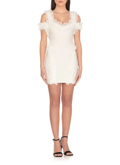 Self-portrait Knit Ruffle Mini Dress In White