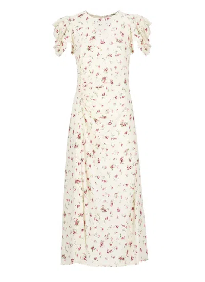 Mar De Margaritas Ivory Floral Pattern Maxi Dress With Draped Detail In Beige