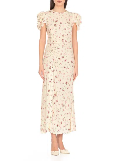 Mar De Margaritas Ivory Floral Pattern Maxi Dress With Draped Detail In Beige