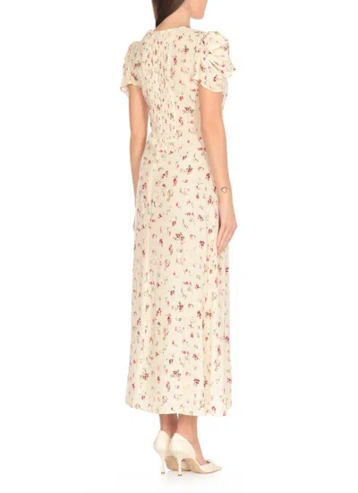 Mar De Margaritas Ivory Floral Pattern Maxi Dress With Draped Detail In Beige