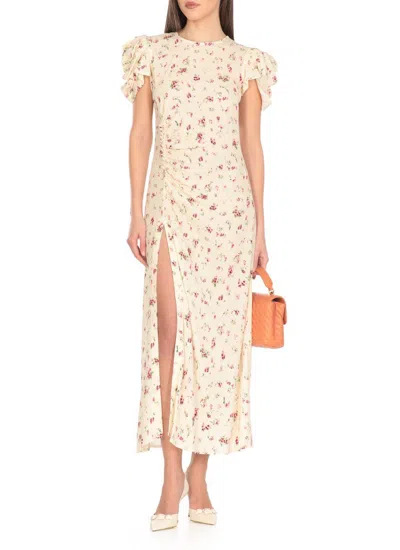 Mar De Margaritas Ivory Floral Pattern Maxi Dress With Draped Detail In Beige