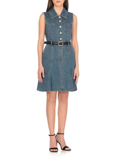Self-portrait Dress Featuring Belted Waist And Front Pockets In Blue