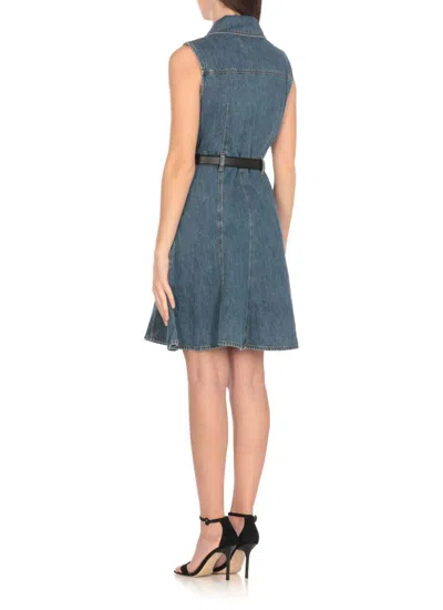 Self-portrait Dress Featuring Belted Waist And Front Pockets In Blue
