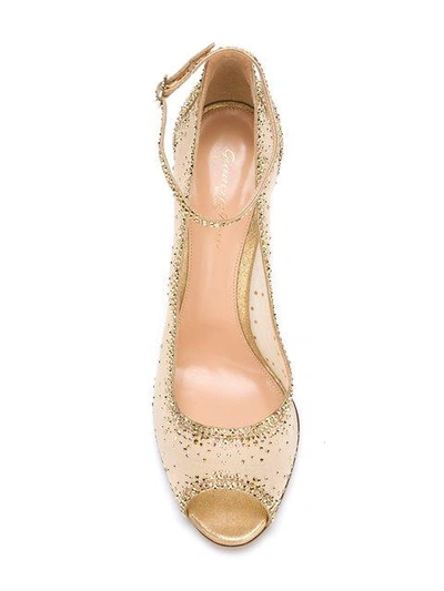 Gianvito Rossi Gemma Crystal Peep-toe Ankle-strap Pump In Gold | ModeSens