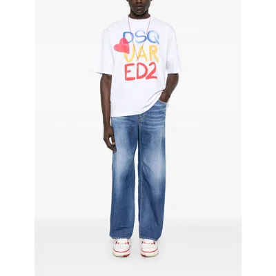 Dsquared2 White Round Neck T Shirt With Printed Maxi Logo On The Front And Heart Detail In Cotton Woman
