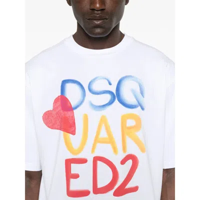 Dsquared2 White Round Neck T Shirt With Printed Maxi Logo On The Front And Heart Detail In Cotton Woman