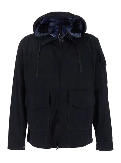 C.p. Company Blue Jacket With Explorer Hood And Adjustable Drawstring Waist In Multicolor