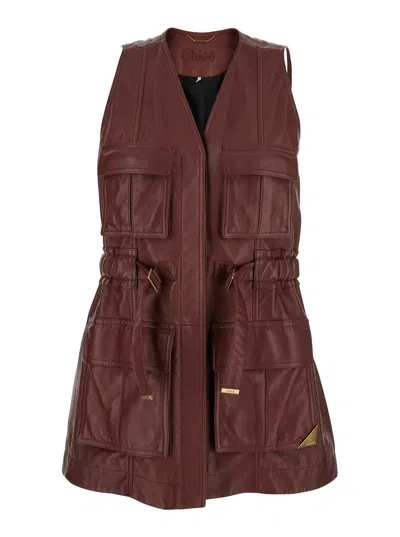Chloé Bordeaux Vest With V Neck And Adjustable Belt In Leather Woman In Multicolor