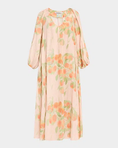 Bernadette Georgette Printed Linen Midi Dress In Peach Tree Peach