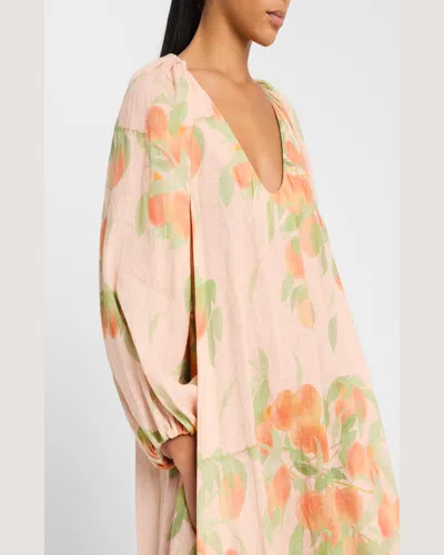 Bernadette Georgette Printed Linen Midi Dress In Peach Tree Peach