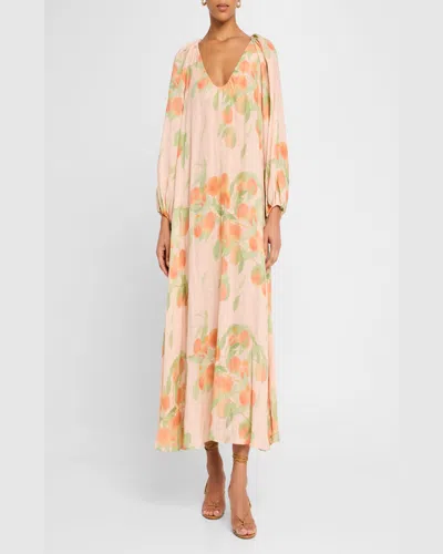 Bernadette Georgette Printed Linen Midi Dress In Peach Tree Peach