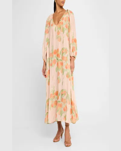 Bernadette Georgette Printed Linen Midi Dress In Peach Tree Peach