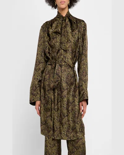 Saint Laurent Pussy-bow Belted Paisley-print Silk-twill Mini Dress In Green