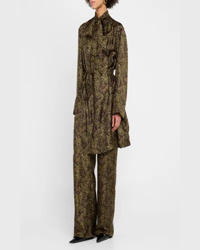 Saint Laurent Pussy-bow Belted Paisley-print Silk-twill Mini Dress In Green