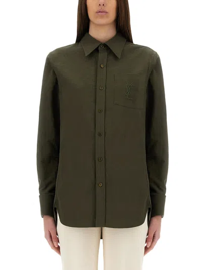 Saint Laurent Camicia Verde Bottiglia In Cotone E Lino  Donna In Green